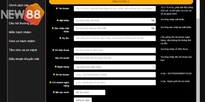 Những thông tin New88 yêu cầu phải nhập đủ